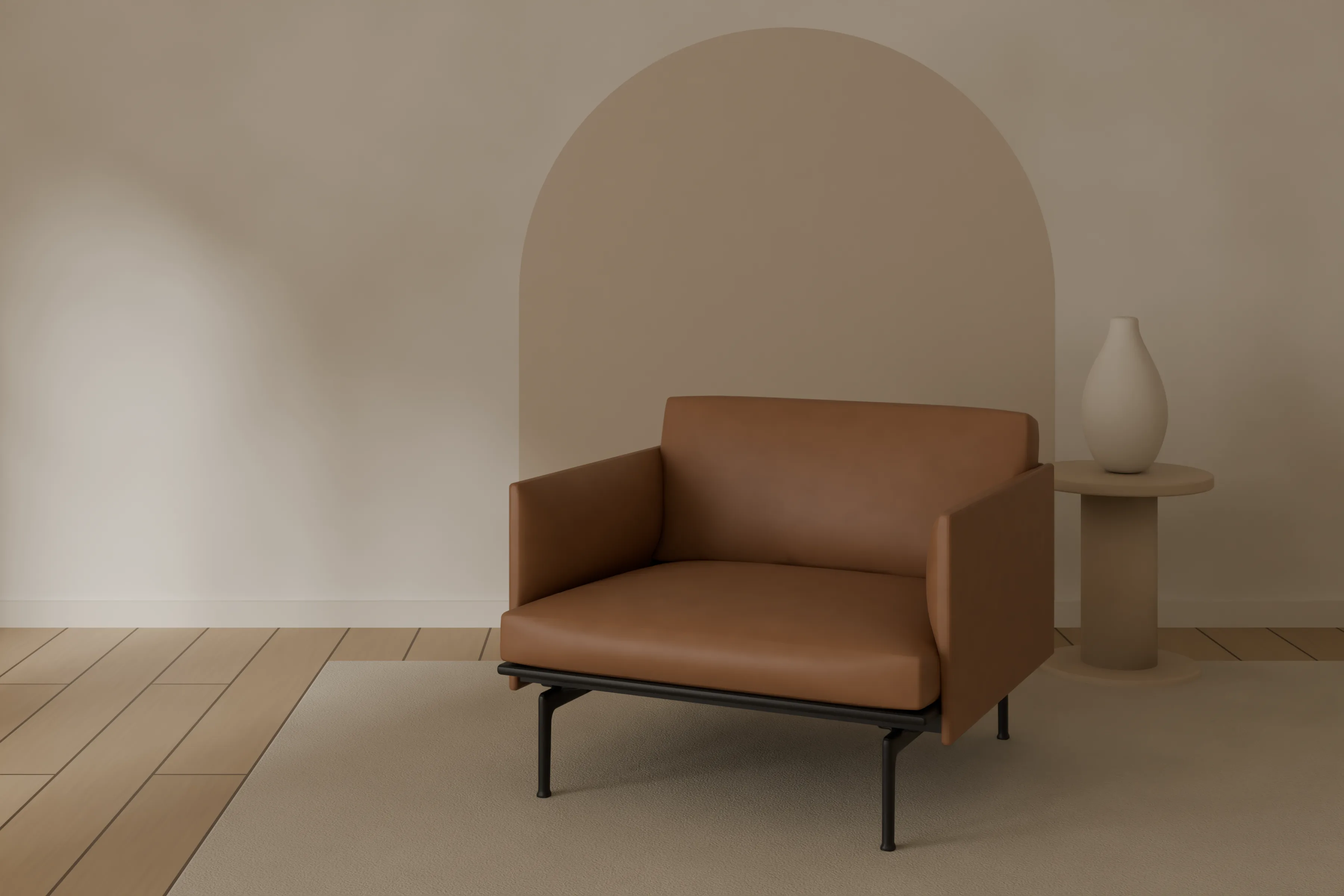 The Muuto Outline Chair in cognac leather in a warm-neutral room with a painted arch, oak floor, wool rug and a small stone side table with a vase.