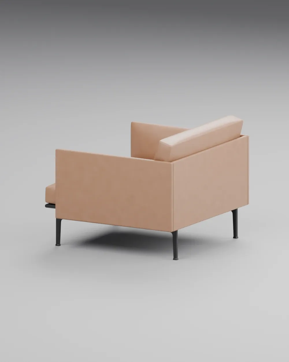 Rear three-quarter view showing the chair back, arm panels and black base.