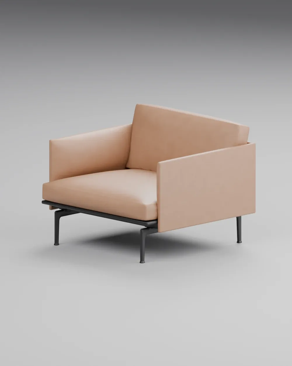 Three-quarter studio view of the Muuto Outline Chair with an interpreted cognac leather finish and black base.