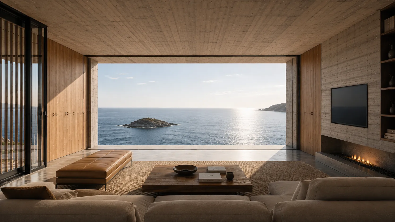 Concept living room with low sofas and a timber-lined wall, opening fully to a view of the sea and a small island.