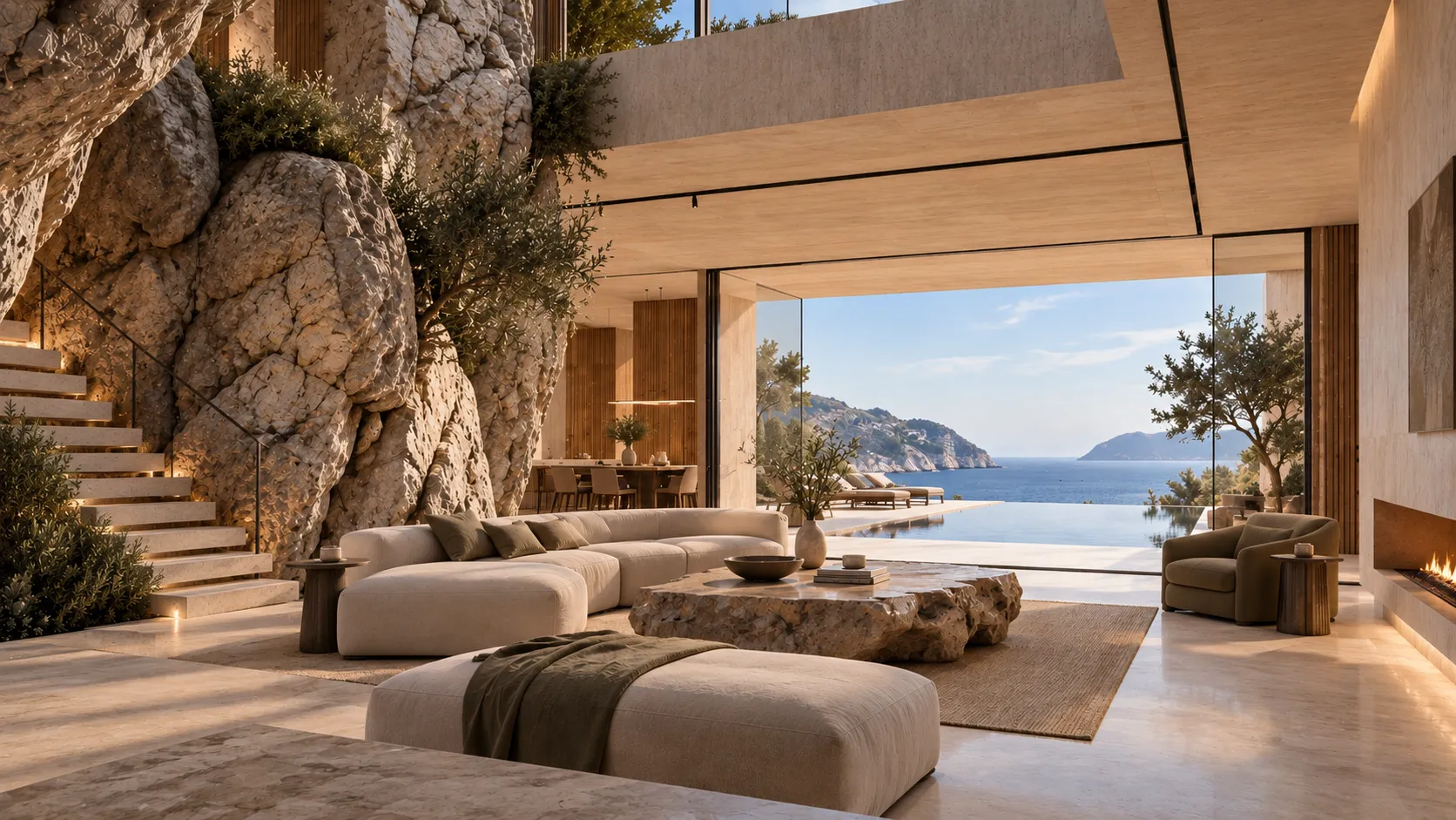 Concept living room with a rock face rising beside a stair, a low sofa, a stone table, and a glazed opening to a pool and the sea.
